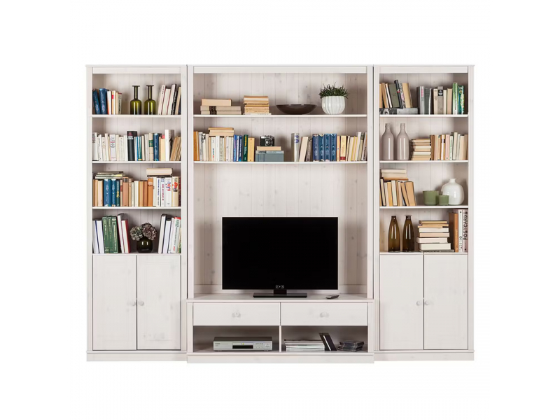 Kit com 3 estantes com portas nas laterais em Madeira Maciça – na cor branco lavado | Coleção Biblioteca